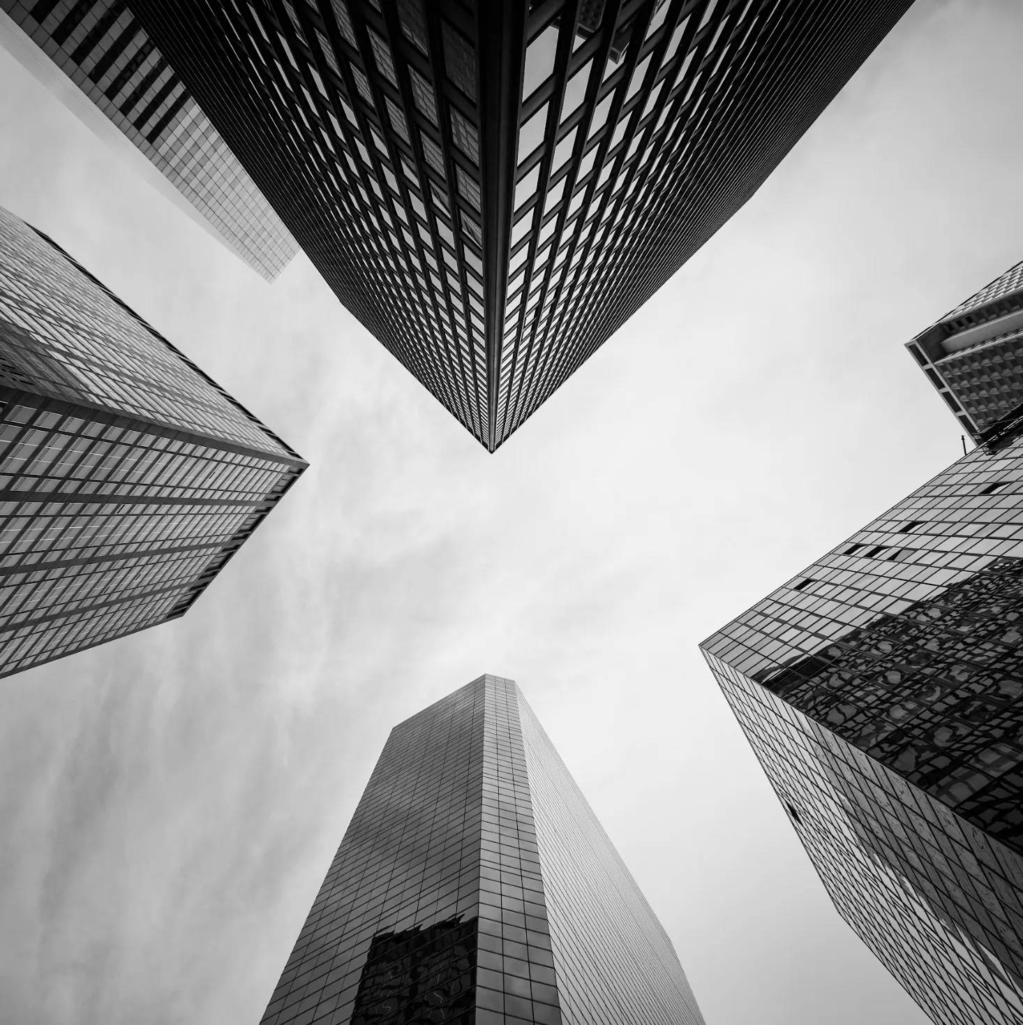 Modern office skyscrapers in downtown cityscape, viewed from below in black and white.